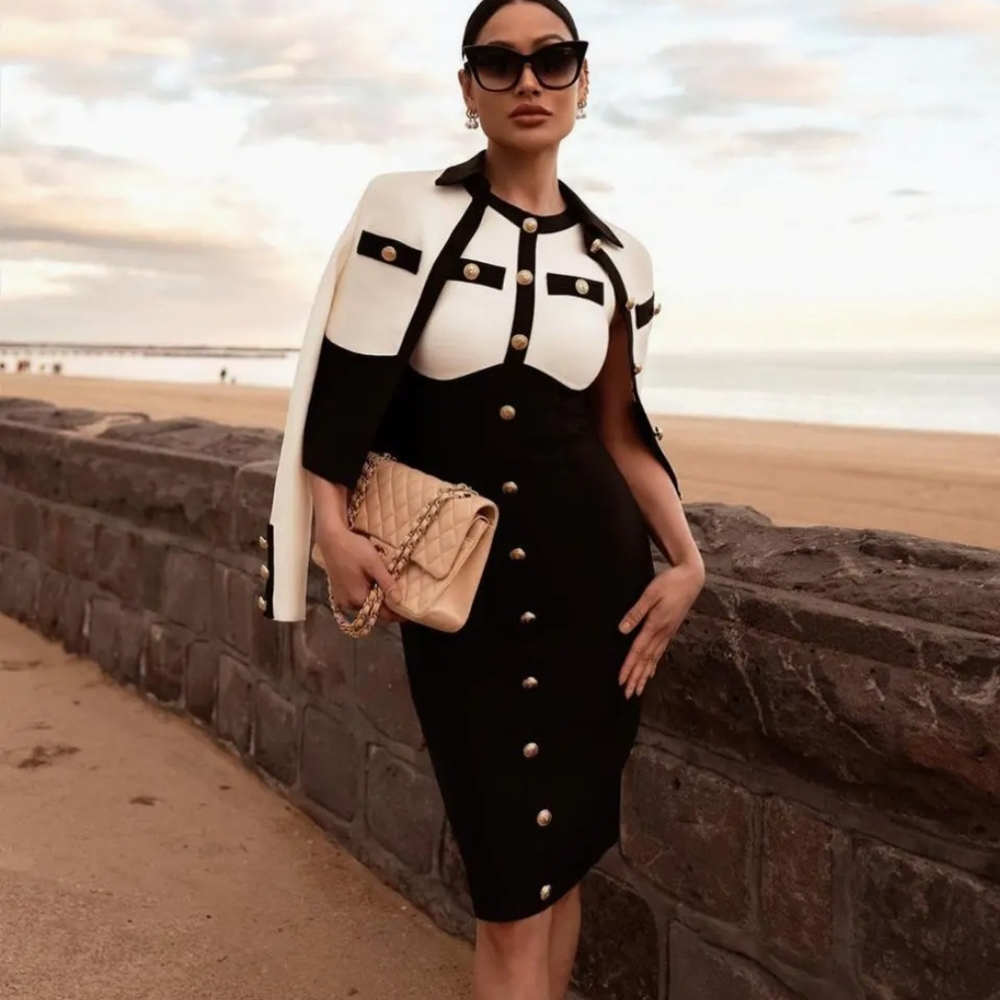 Elegant Black and White Midi Dress